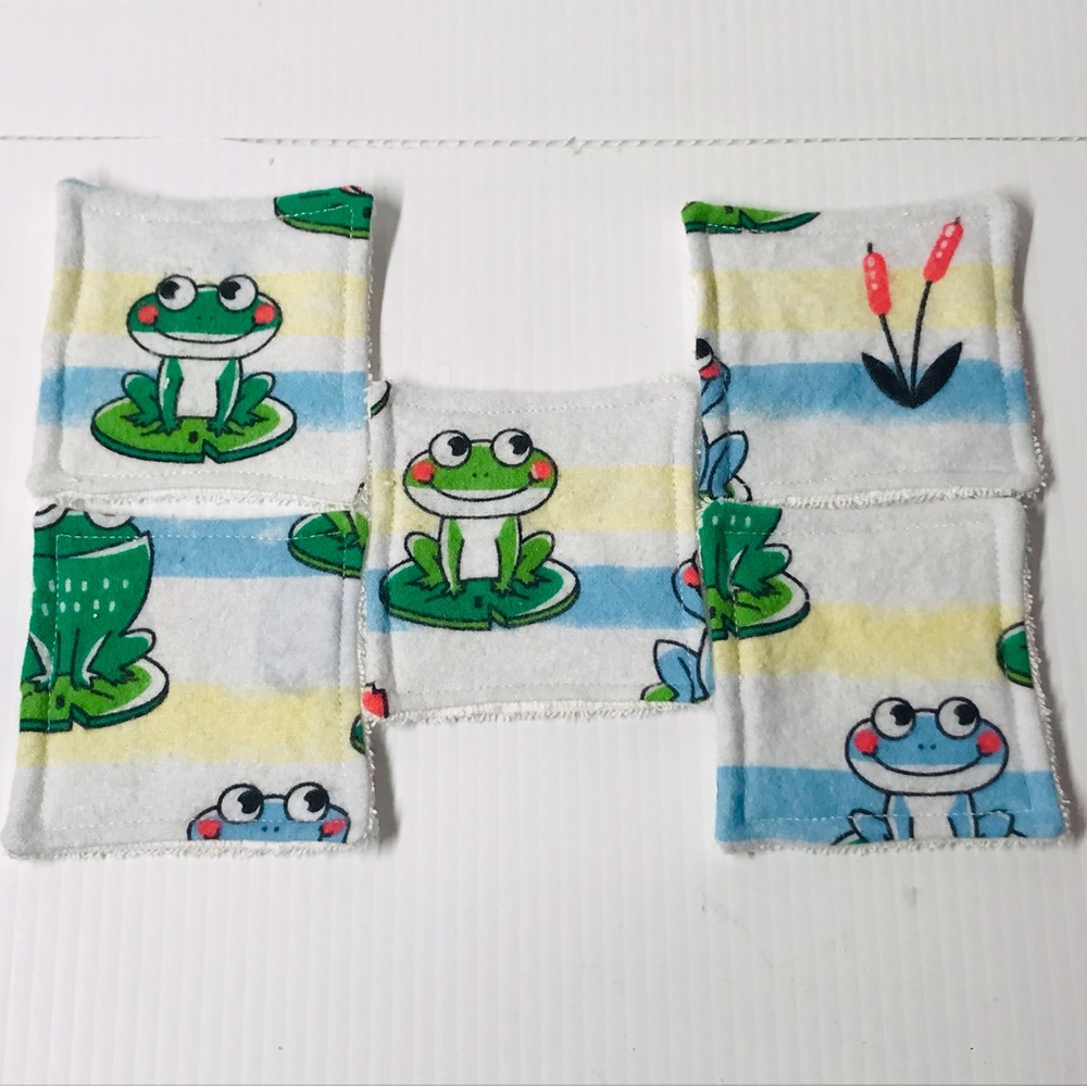 Reusable Set of Five 3.25” Frogs Flannel Fabric with Terry Cloth Makeup Removers